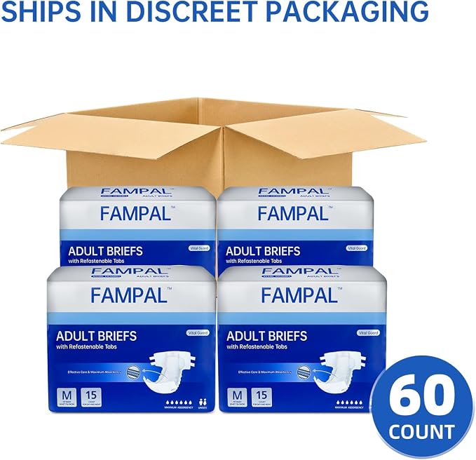 Vital Guard Adult Diapers, Disposable Incontinence Briefs with Tabs for Men and Women, Maximum Absorbency, Odor Control, Medium, 60 Count (4 Packs of 15)