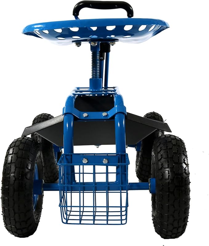 Sunnydaze Garden Seat with Wheels and Adjustable Handle, Blue | Steel Rolling Gardening Seat with Utility Tray for Storage, Rotating, Swiveling Motion