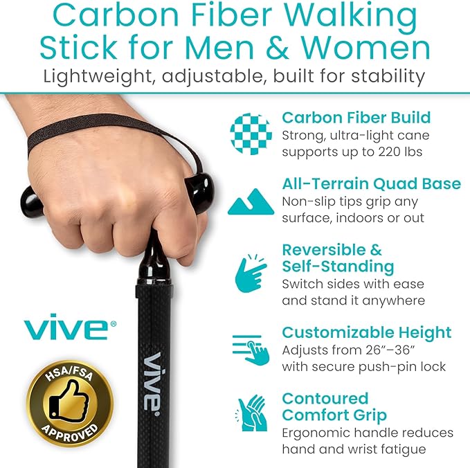 Vive Ultra-Lightweight Quad Cane - Carbon Fiber Walking Stick for Men & Women - Adjustable Ergonomic Grip Handle - Nonslip 4 Prong Rubber Tips for Right, Left Stability Support - Mobility Travel Aid