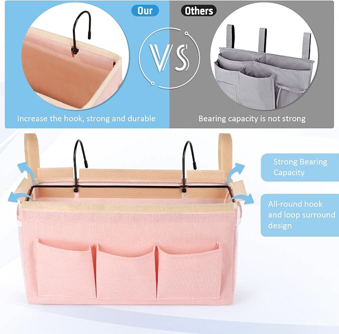 Bedside Caddy Bedside Storage Bag for Headboards/Bunk Bed | Hanging Bed Caddy with Hooks fits Bunk bed Hospital Beds Dorm Bed Rails, Essentials for Phones, Books, Remotes, Water Bottles