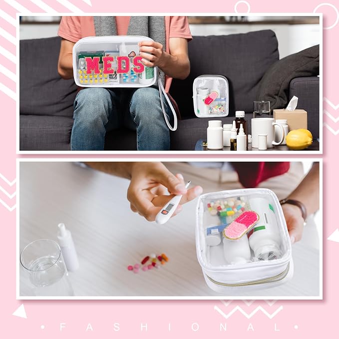Hillban 2 Pcs Medicine Bag Chenille Letter Patch Meds Bags Travel Cases Preppy Clear Nylon Portable Makeup Bags Zipper Cosmetic Toiletry Storage for Women PVC Transparent Mini First Aid Bag(Adorable)