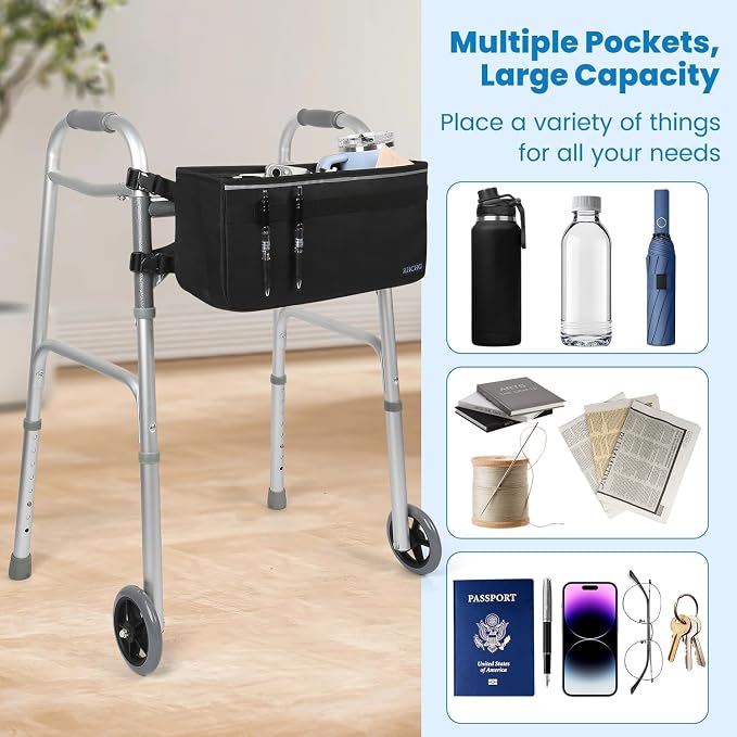 ZHCHG Walker Basket for Seniors, Walker Accessories Bag for Folding Walker | Large Capacity & Never Tipping Over, Best Gift- (Not Fit Rollator Walkers)- Black