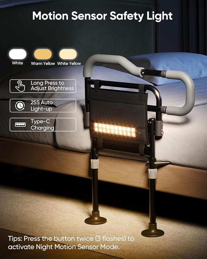 Bed Rails for Elderly Adults Safety, Foldable Bed Rail with Non-Slip Handle | Adjustable Height & Width, 350LBS Load, Large Suction Feet, Motion Sensor Light & Storage Bag, Fits 7"-13" Mattress