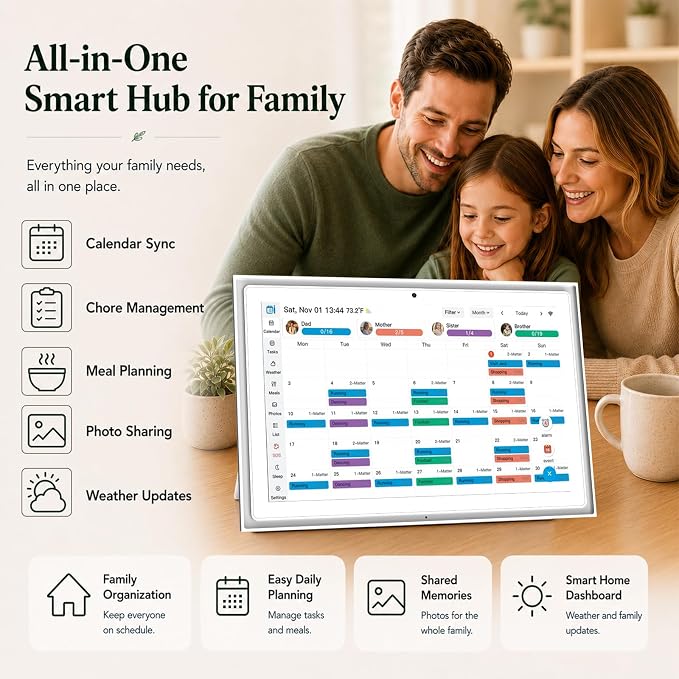 10.1" Digital Wall Planner Alternative, Smart Touchscreen Family Calendar, Auto-Sync with iCloud/Google/Outlook, Chore Chart, Meal Planner for Desk or Shelf Use