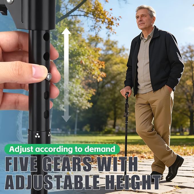 Hold 440 lbs Walking Cane for Seniors Aluminum Alloy Lightweight Height Adjustable Walking Stick Heavy Duty Foldbale Free Standing Cane with LED for Men and Women Adults