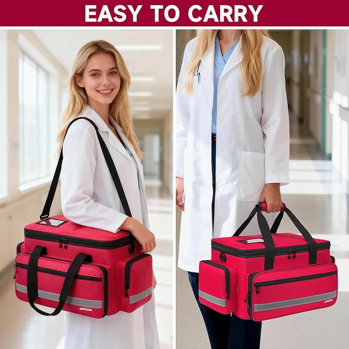 Medical Bag, Medical Equipment Case Empty, Large Home Health Nurse Bag with Shoulder Strap, Medication First Aid Organizer for Therapist, Doctors, Nursing Students (Red)