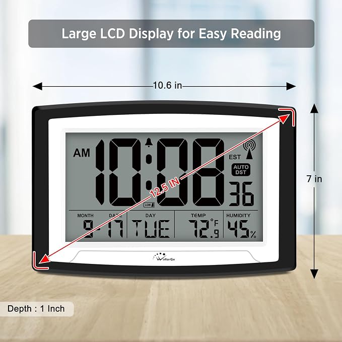 WallarGe Atomic Clock with Indoor Temperature and Humidity, 12.5 Inch Self-Setting Digital Wall Clock or Desk Clock, Battery Operated Digital Clock Large Display for Seniors, Auto DST