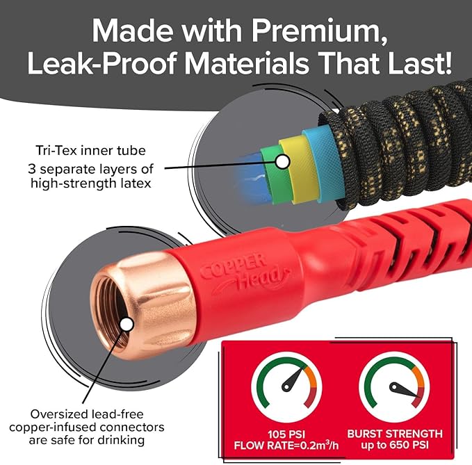 Pocket Hose 25 FT Copper Head Expandable Garden Hose with Pocket Pivot, No Tangles, AS SEEN ON TV, 360° Swivel, Tri-Tex Tubing, Force Field Jacket, Lead-Free, No-Kink, Anti-Burst w/APT | Anti-burst sleeve reinforced with bulletproof fiber, 360° swiveli...