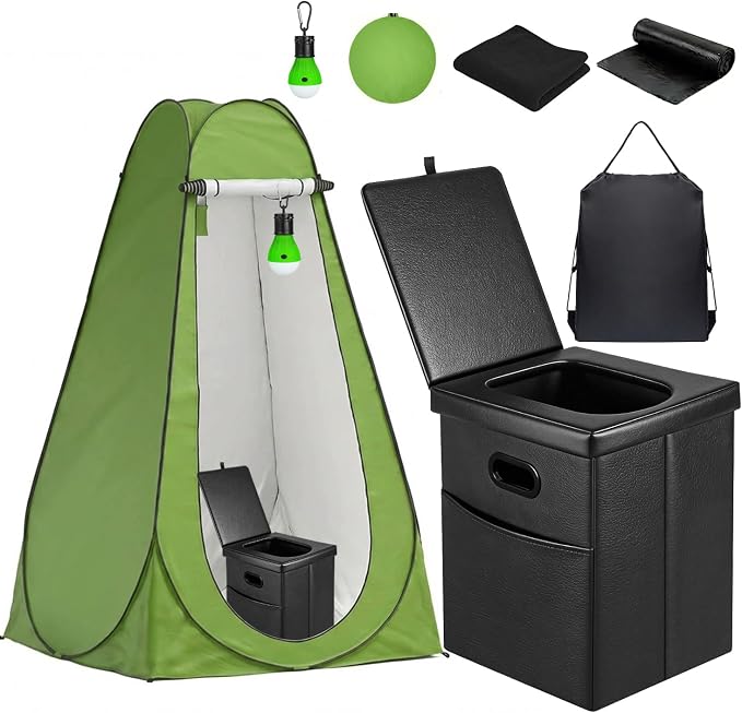 Panmout Portable Toilet Kit with Pop-Up Privacy Tent, 16.5" Camping Toilet | All-in-One Outdoor Portable Camping Bathroom with Camping Toilet , Waste Bags, LED Light for Camping, RV, Road Trip