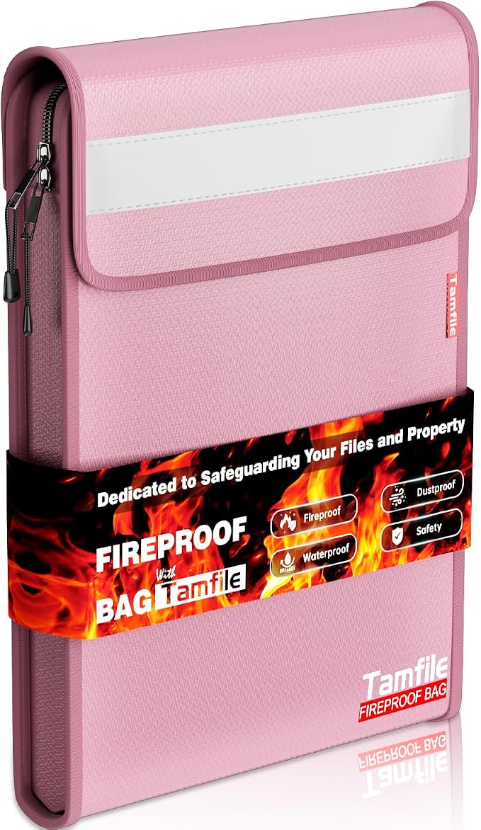6400℉ Fireproof Document Bag, 15”x 11” Waterproof Document Organizer, Pink | Fireproof Money Bag, 2 Pockets,Safe Important Document Organizer for A4 A5 Legal Letter Size, Valuables, Legal Documents