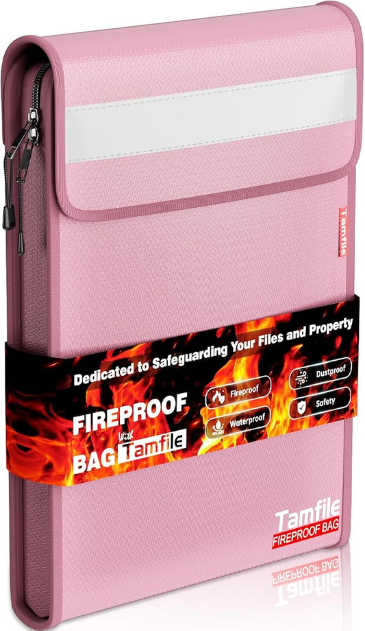 6400℉ Fireproof Document Bag, 15”x 11” Waterproof Document Organizer, Pink | Fireproof Money Bag, 2 Pockets,Safe Important Document Organizer for A4 A5 Legal Letter Size, Valuables, Legal Documents