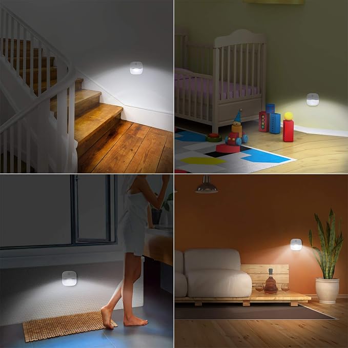 AMIR Upgraded Motion Sensor Stair Light Indoor (White - Pack of 6) | Battery Operated, Cordless Stick-On LED Night Light for Closet, Hallway, Bathroom, Kitchen, Cabinet, Energy Efficient