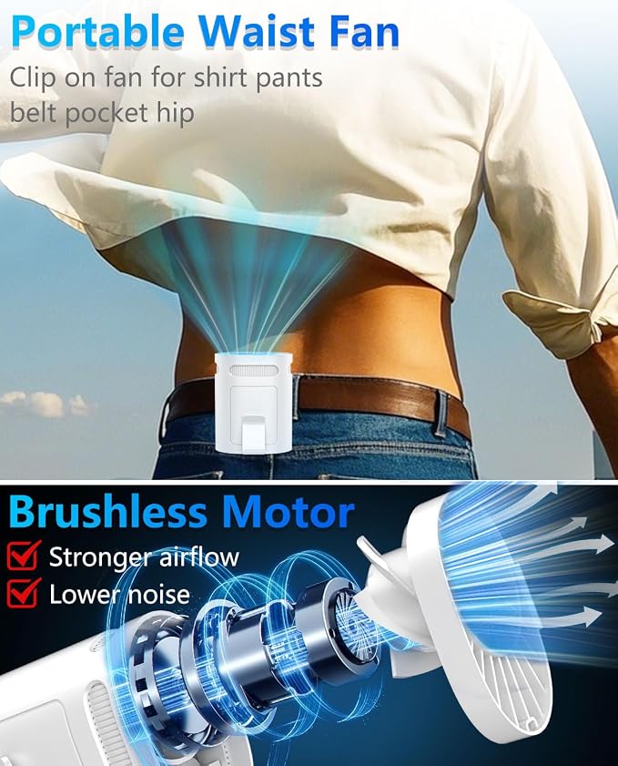 Portable Fan Clip on Pants-Personal Little Light Weight Waist Fan Coolclip Belt Hip Pocket Hard Hat,Wireless Wear Charging Battery Powered Quiet Undershirt Waist Band Coolclip Fans Adult Kid White