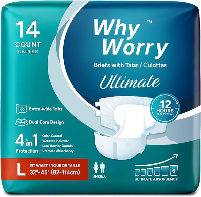WhyWorry Ultimate Adult Diapers for Men and Women, Disposable Adult Briefs with Tabs for Incontinence, Unisex Incontinence Briefs with Tabs, Ultimate Absorbency, Odor Control, Large, 14 Count