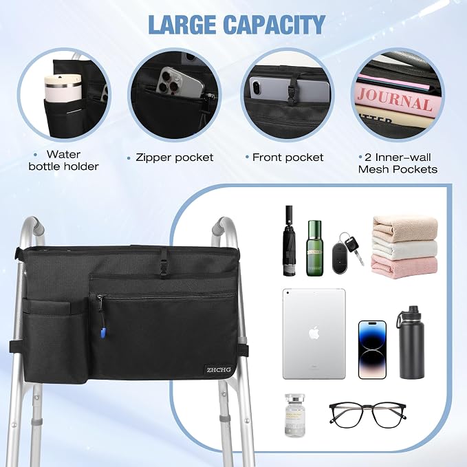ZHCHG Walker Bag with Cup Holder, Walker Accessories for Seniors Detachable | Foldable Walker Basket with Large Capacity, Best Gift (Not Fit Rollator Walkers)- Black
