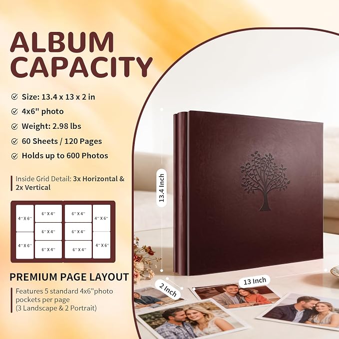 Leather Photo Album 4x6 Pockets, Picture Album for Family Christmas Gift | Large Capacity PU Leather Cover 600 Pockets Black Inner Page Slip In Holds Horizontal & Vertical Photos