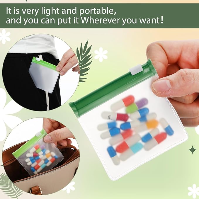 Sherr 35 Pcs Pill Pouch Bags with Zipper Pill Pouch Set Travel Reusable Translucent Medicine Organizer Self Sealing Plastic Bag with Slide Lock for Storage(Gradient Green,3 x 3 Inch,Blank Style)