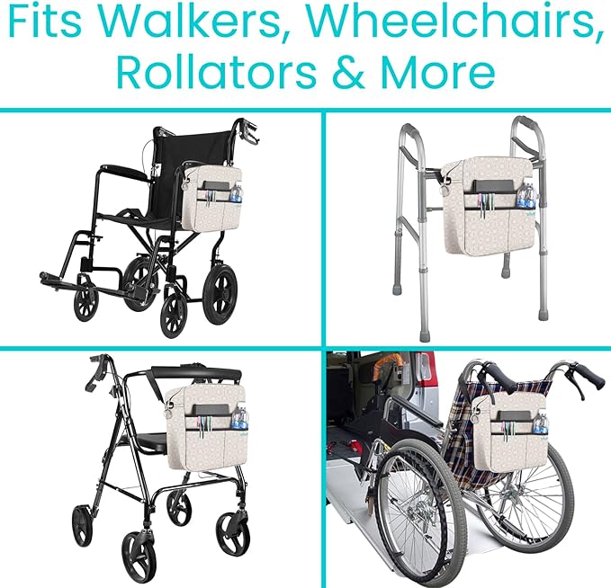 Vive Wheelchair Bag - Machine Washable, Double-Stitched, Water-Resistant Accessory Backpack for Rollators, Wheel Chairs, Walkers - Pouch with XL Pockets & Straps for Quick Installation