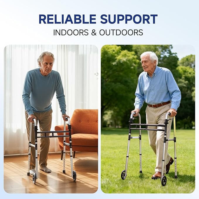 Walkers for Seniors Foldable, Aluminum Lightweight Walker with Wheels, Adjustable Height & Width Standard Walkers for Elderly & Disabled, 350 lbs Capacity, Silver