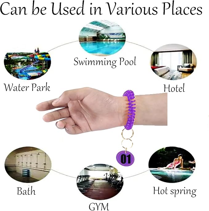 10 Pieces Wrist Coil Keychain Spiral Key Ring, Clear Purple | Wristband Bracelet Key Holder for Pool Gym ID Badge