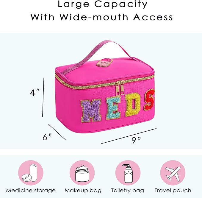 uekeboag Personalized Chenille Letter MEDS Makeup Bag, Portable Nylon Cosmetic Toiletry Storage bag with Top Handle, Transparent Meds Travel Organizer Cosmetic Bag(15Hot Pink)