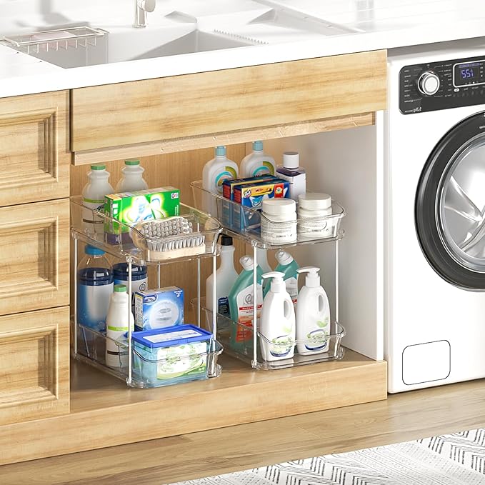 Delamu 2-Tier Under Sink Organizers and Storage, Multi-Purpose Stackable Bathroom Cabinet Organizers, Pull Out Kitchen Pantry Organization and Storage with Dividers(3 Pack, Clear)