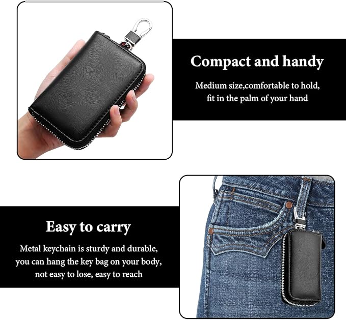Leather Car Key Holder Bag, Unisex Key Fob Case with 6 Hooks, Zipper Closure Keychian Case Wallet for Smart Keys (Black)