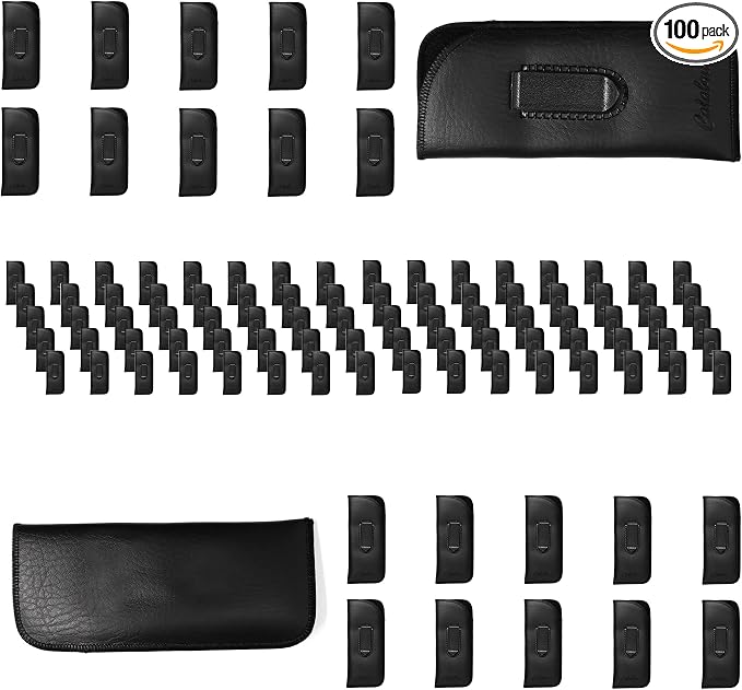 Calabria Slim Eye Glasses Case w/Clip Soft PU Leather Black Men Women Eyeglasses Pouch Slip-In Eyewear Holder Sunglass Bag - 100PACK