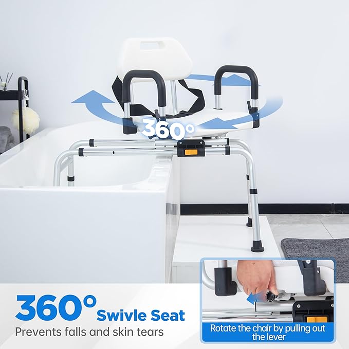 FSA/HSA Eligible Sliding Shower Chair Tub Transfer Bench with Swivel Seat, Rotating Shower Bench for Bathtub with Pivoting Armrests and Backrest for Elderly and Disabled