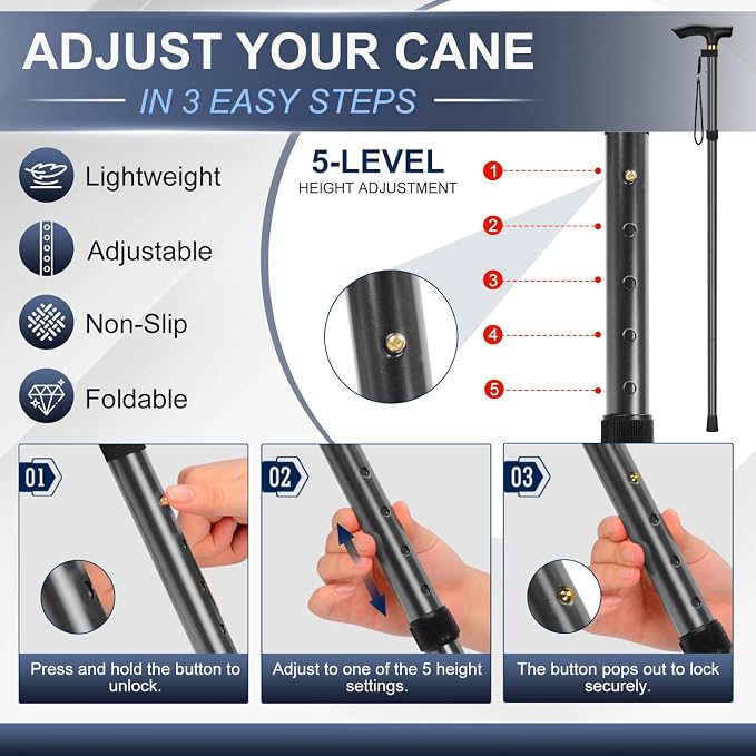 supregear Folding Cane, 5-Level Adjustable Height Walking Stick Lightweight Collapsible Portable Travel Cane with Wrist Strap and T Handle for Elderly Disabled Men Women