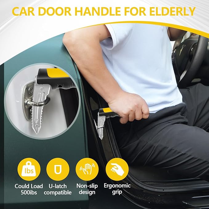 Car Door Handle for Elderly - 2025 New 3-in-1 Car Handle Assist, 2 Pack Auto Cane Portable Vehicle Support Handle Door Assist Bar, Max Load 500 Lbs, Anti-Slip Design (Yellow-Car Handle +Strap)