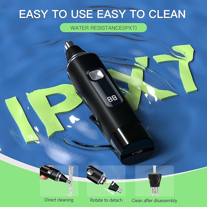 Ginity Nose Hair Trimmer for Men, 2-in-1 Rechargeable Ear and Nose Hair Trimmer with LED Display, IPX7 Waterproof Painless Precision Groomer, Type-C Charging, Professional Dual-Edge Blades（Black）