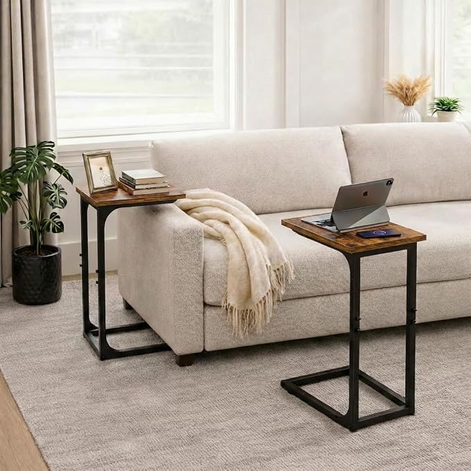 TEMI C Shaped End Table for Couch, Set of 2 Small Side Table for Sofa, TV Tray for Eating or Laptop, Accent Desk for Chair, Space Saving for Living Room Bedroom, Rustic Brown