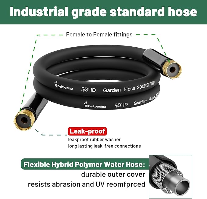 Beitopamz Short Garden Hose 1 ft x 5/8" Female to Female, Heavy Duty Small Water Hose Extender Connector, Leak-Free Connections Hybrid Rubber Leader Hose with 3/4" Double GHT Fittings, Black