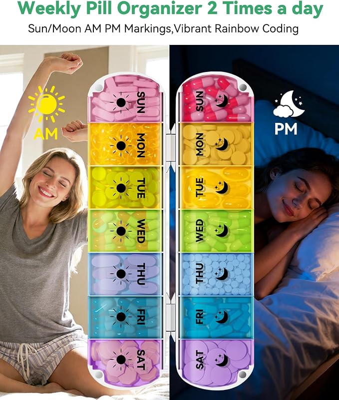 Foldable Weekly Pill Organizer 2 Times a Day - Magnetic Moisture-Proof 7 Day Pill Box AM PM, Portable Travel Medicine Organizer with Removable Lids for Vitamins, Supplements and Fish Oils (Multicolor)