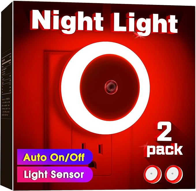 Briignite 2 Pack Red Night Light, LED Night Light for Kids, Plug in Night Lights with Light Sensor, Auto On Off, Nightlight for Adults, Red Lights, 0.6W 60LM