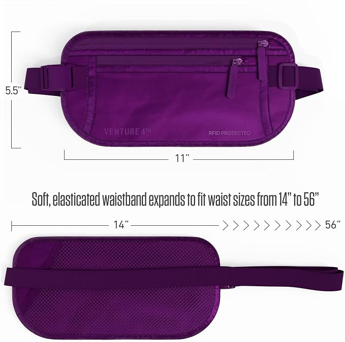 VENTURE 4TH Travel Money Belt, RFID Blocking Passport Holder - Sleek Purple