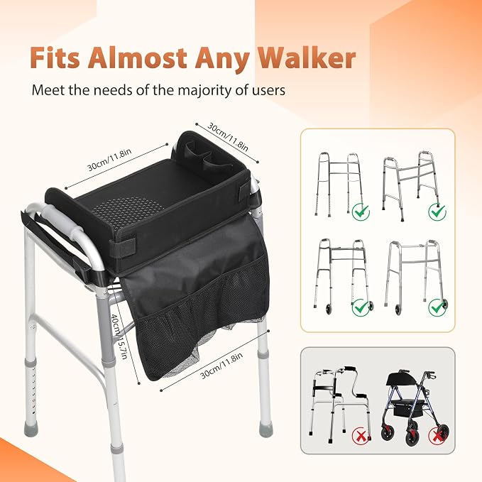 Tray for Walkers for Seniors with Cup Holder - Walker Accessories 【w/Pockets, Cup Holder & Non Slip Mat for Food】Mobility Trays Fits Most Standard Folding Walkers, Removable & Easy Assembly