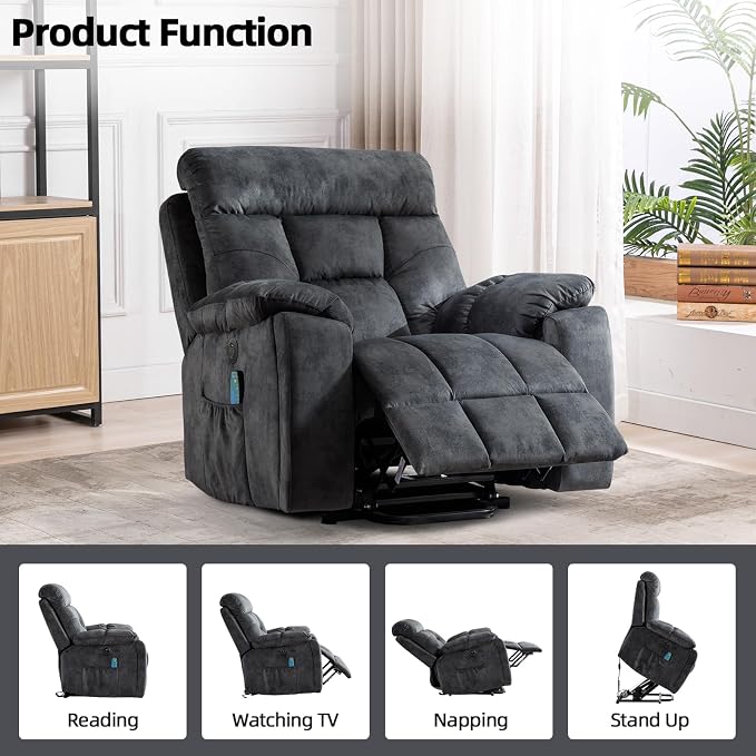 Large Power Lift Recliner Chair with Massage and Heat for Elderly Big and Tall People, Overstuffed Wide Recliners with 2 Cup Holders, Side Pocket and USB Port, Grey
