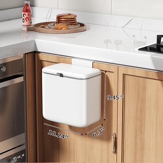 Compost Bin Kitchen for Countertop or Under Sink, 2.6 Gallon Hanging Small Trash Can with Lid, Garbage Can for Cabinet Door, Indoor/outdoor Food Waste Bin for Kitchen, Bathroom, RV, Office, White