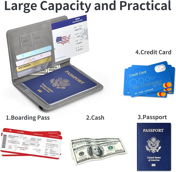 Passport Holder, Passport Cover with Credit Card Slot and Boarding Pass Slot Combo, Passport Wallet Case Book Travel Must Have, RFID Blocking Leather Travel Accessories, Grey