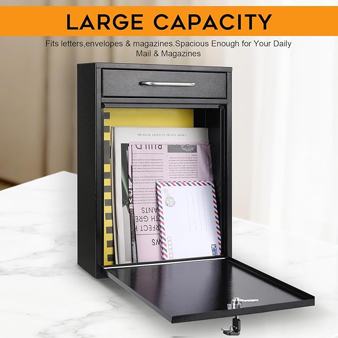 xydled Metal Mailbox Wall Mount, Large Locking Mailbox with Key Lock, Hanging Secure Postbox, Security Key Drop Box, Collection Boxes, Black, 17.6H x 12.2L x 5.7W Inches, XL Large
