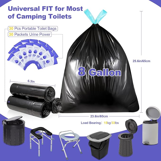Lavender 30 Portable Toilet Bags with 30 Poo Gel Set, 8 Gallon | Camping Toilet Bags with Absorbent Gels Waste Bags, Portable Trash Bag for Camping Potty Rvs Travel