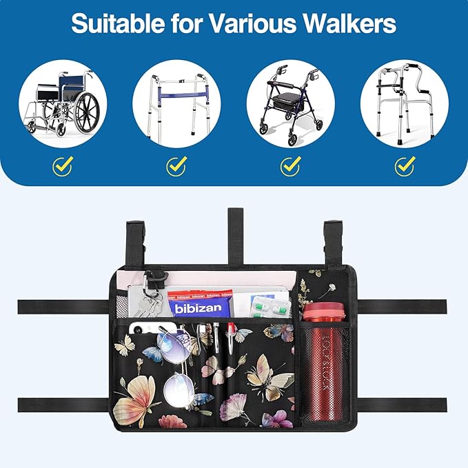 MoKo Walker Bag, Walker Basket with Water Cup Holder, Accessories for Seniors with Multiple Pockets and Zippered Compartment, Storage Pouch for Rolling Folding Walkerm, Black & Butterfly