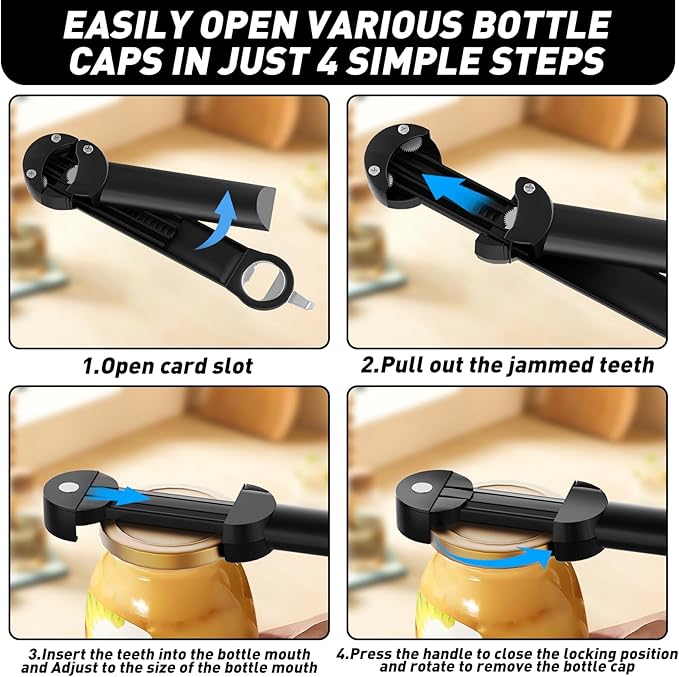 Jar Opener Bottle Opener for Seniors with Arthritis, Multi Retractable Magnetic Can Opener, Jar Grippers for Opening Jars, Kitchen Gadgets for Weak Hands and Senior Arthritis (Black)