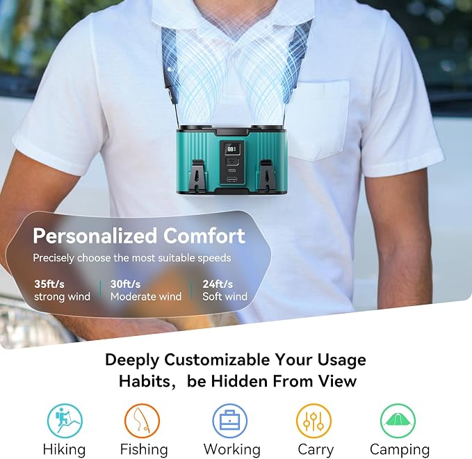 Doublepow 24000mAh Portable Waist Fan, Personal Fan, Dual Air Ducts Motors, Rechargeable Clip On Belt for Working, 10 Speeds 45H Wearable Neck Cooling, for Outdoor Work, Travel, Power Outage (Blue)