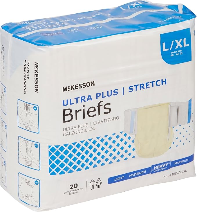 McKesson Ultra Plus Stretch Briefs, [80 Count], L/XL, 48-66 in. Incontinence Adult Diapers, Heavy Absorbency, Unisex, Disposable, Elastic Leg Gathers and Contoured Fit for Men and Women