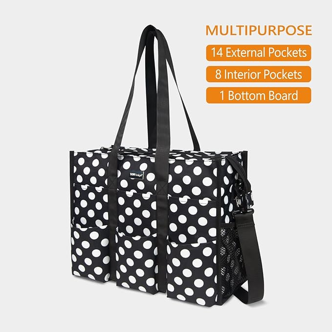 TOPDesign Utility Water Resistant Tote Bag with 22 Pockets, Top Zipper Closure & Thick Bottom Support, for Working Women
