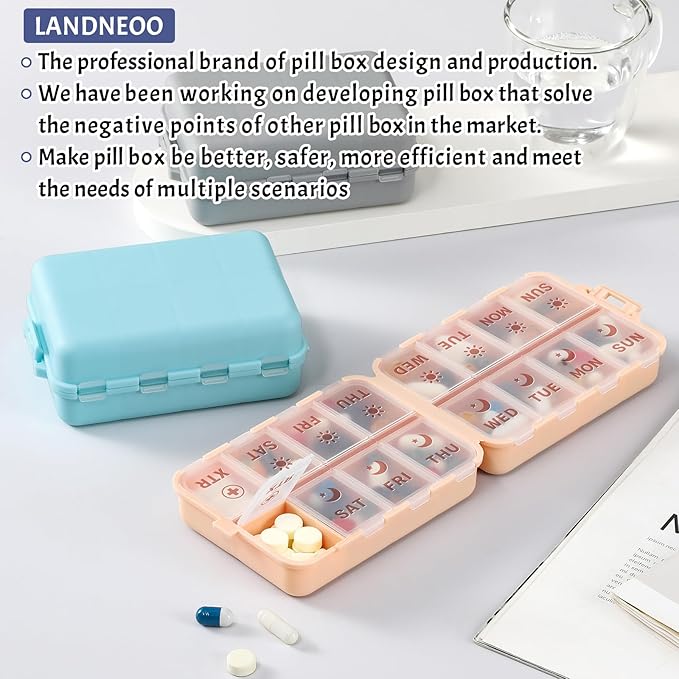 Foldable & Portable Pill Organizer 2 Times A Day with Extra Compartments - Etched Labels - Weekly 7 Day AM PM Medicine Box, Week Daily Travel Pill Case Holder Dispenser for Vitamin, Supplement - Grey