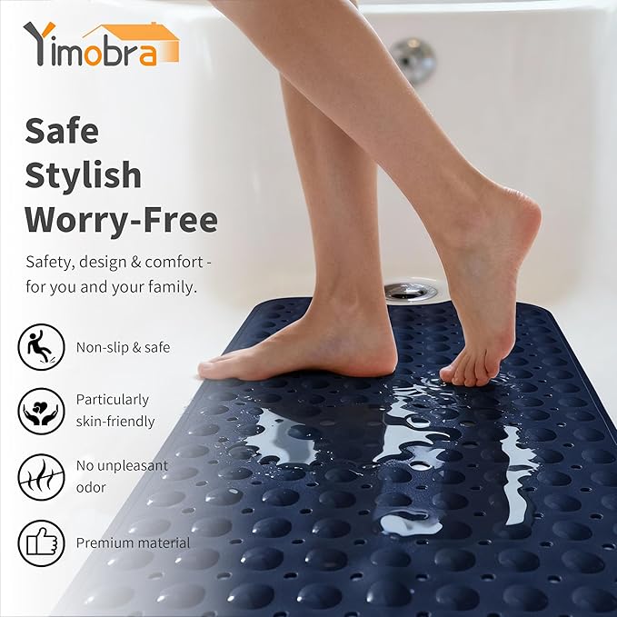 Yimobra Non Slip Bathtub Mat 40 x 16 Inch, Extra Long Shower Mat with Drain Holes, Machine Washable Baby Bath Mats, Strong Suction Cups for Bathroom Floor, Navy Blue